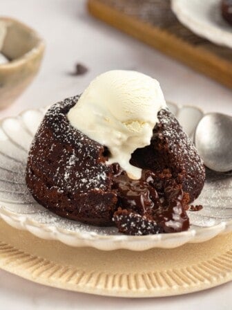 Vegan chocolate lava cake topped with ice cream