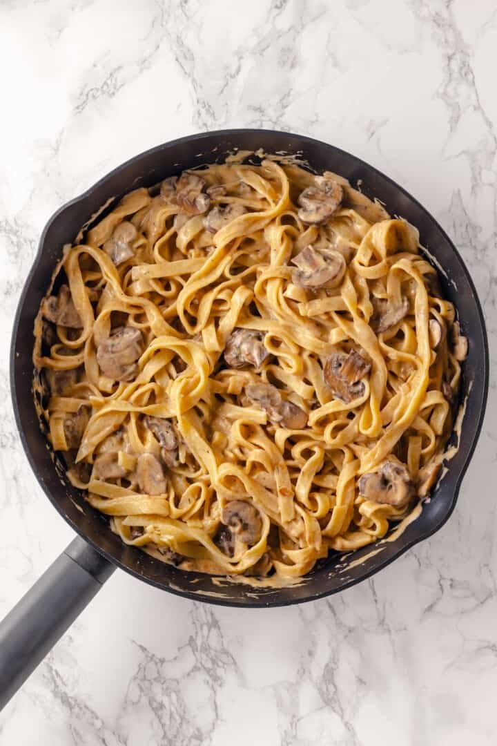 Overhead view of mushroom stroganoff in skillet