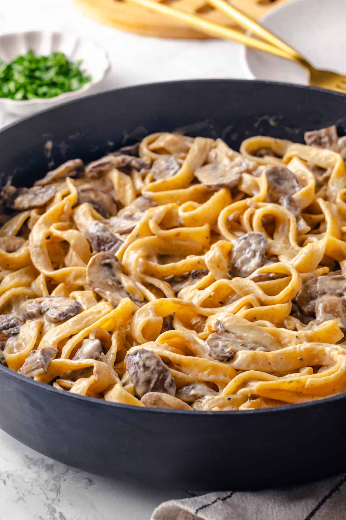 Skillet of mushroom stroganoff