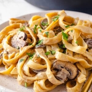 Plate of creamy vegan mushroom stroganoff