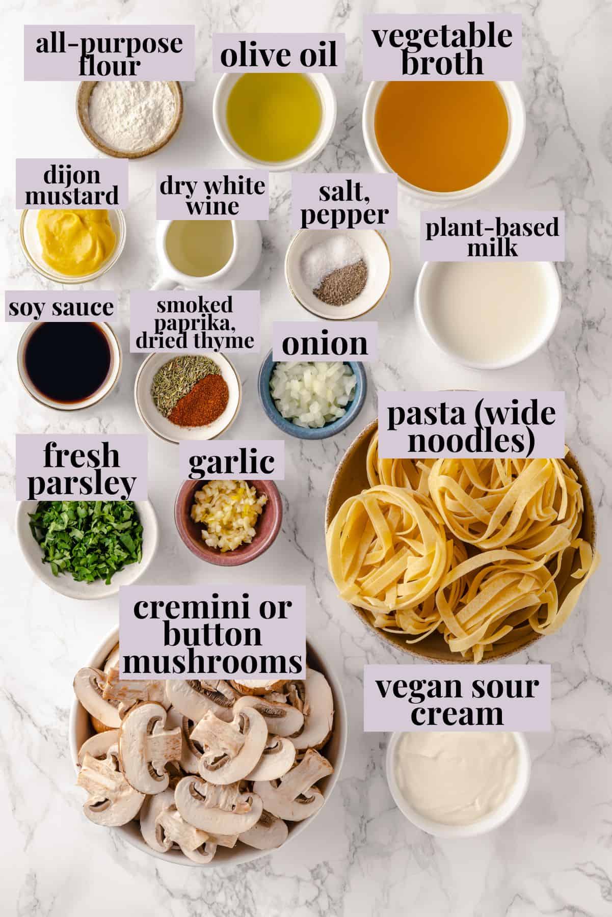 Overhead view of ingredients for mushroom stroganoff with labels