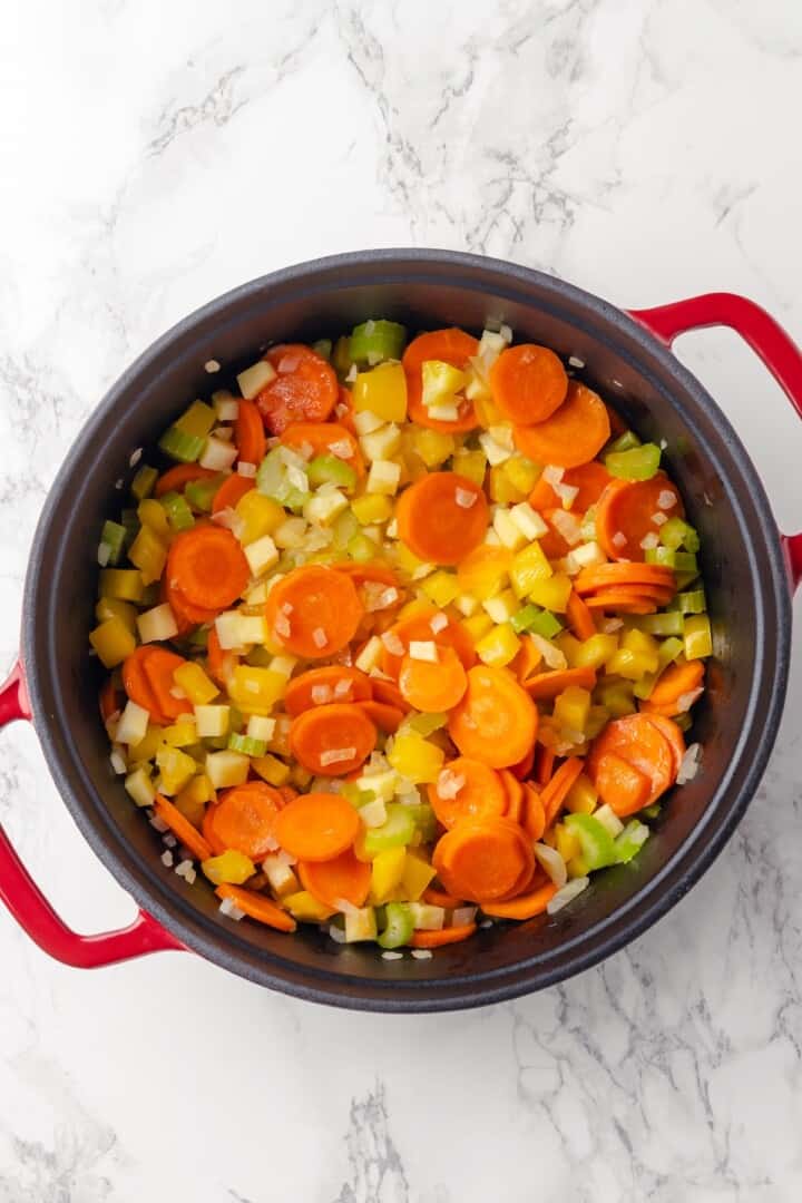 Overhead view of vegetables in pot