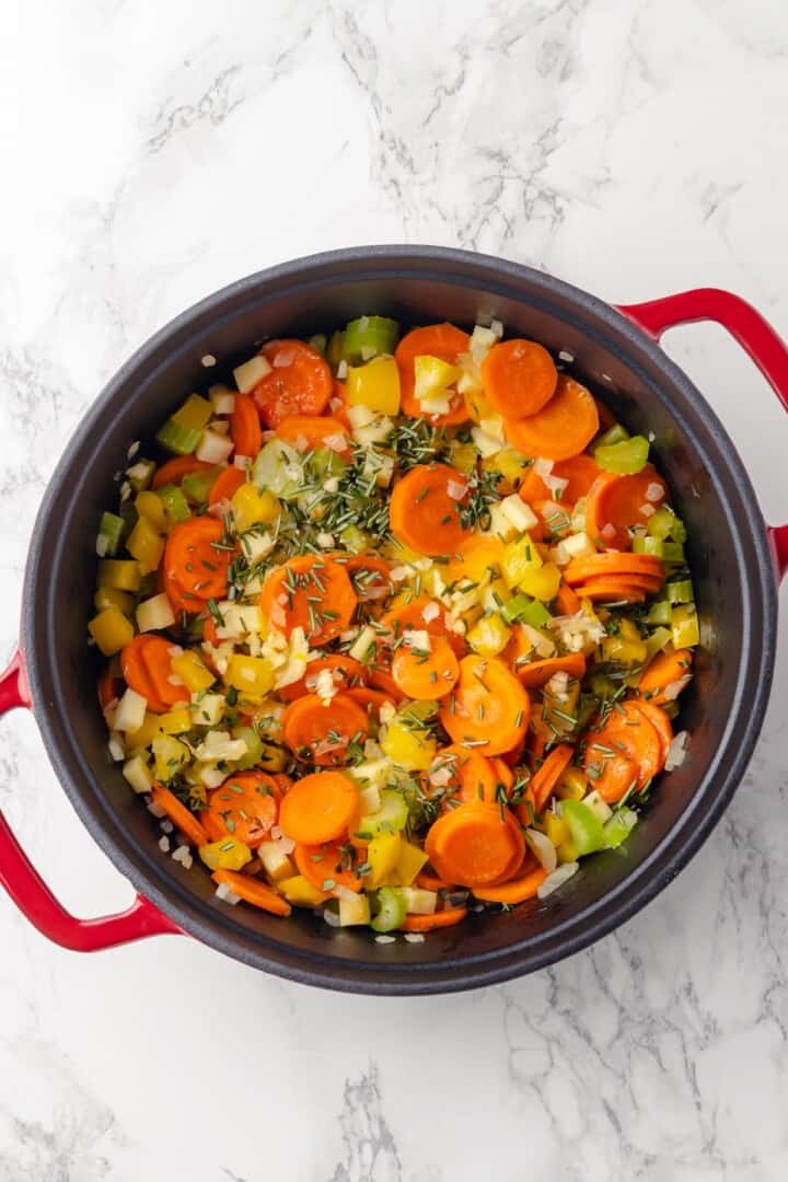 Overhead view of vegetables in pot for Italian penicillin soup