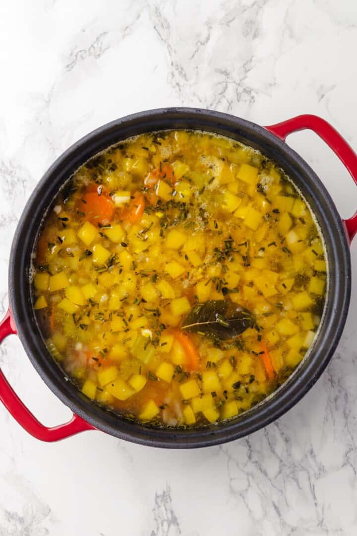 Overhead view of vegetables cooked in broth