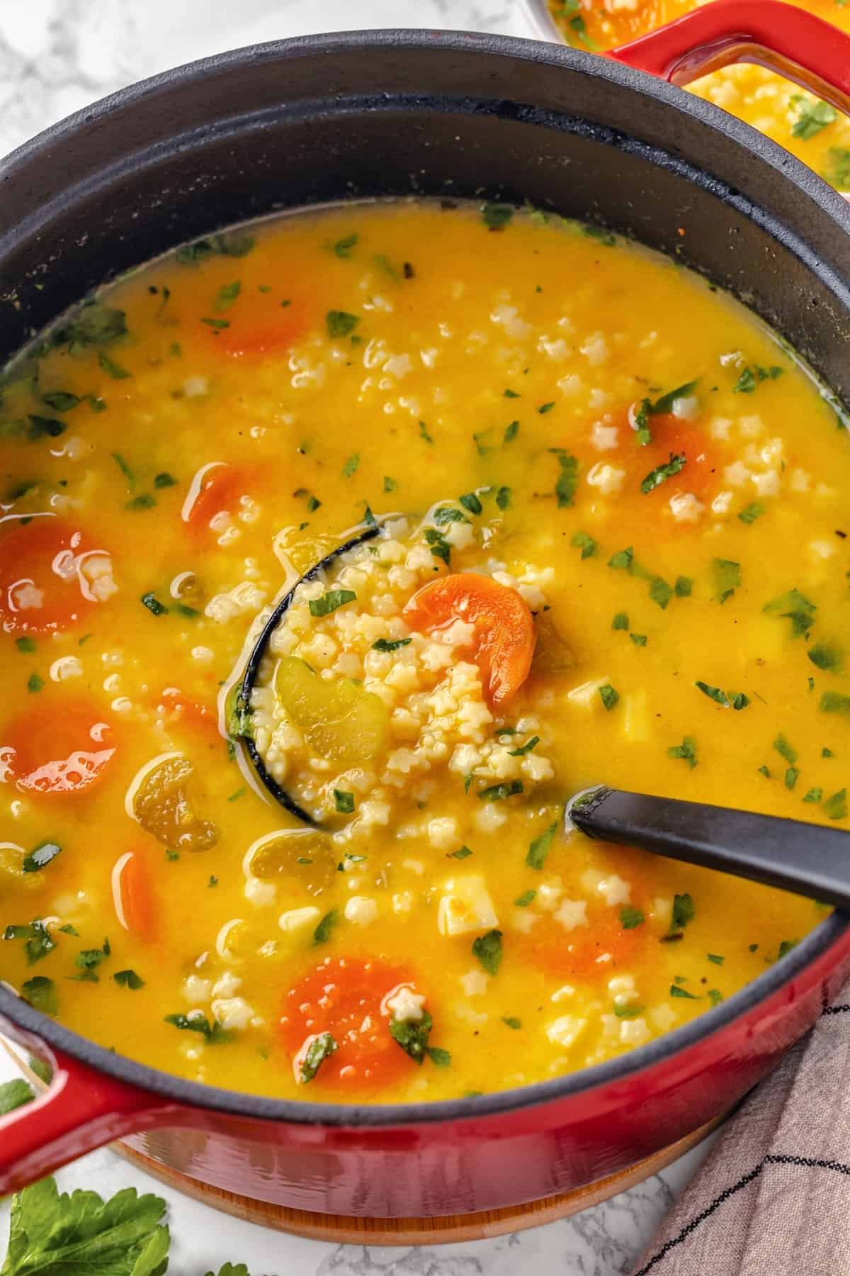 Pot of Italian penicillin soup with ladle