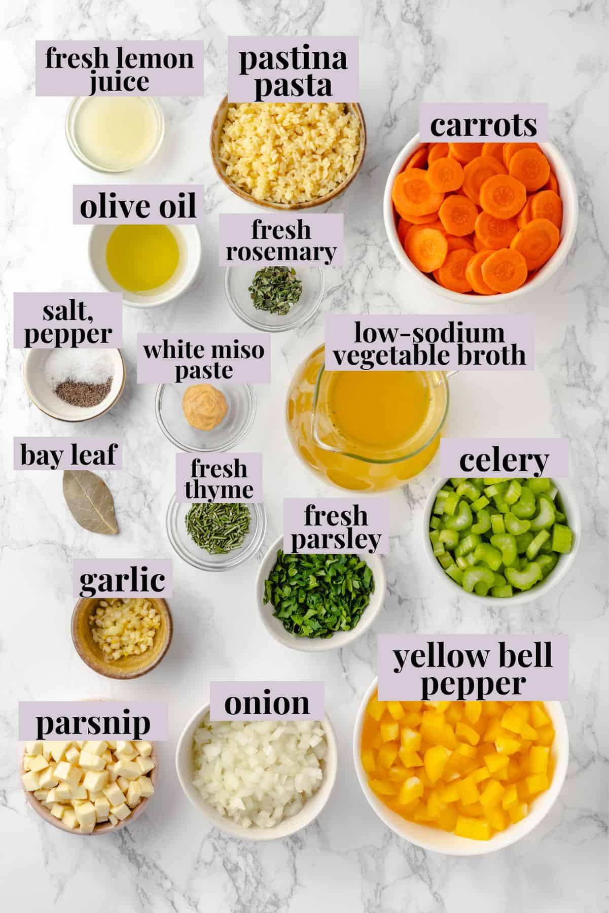 Overhead view of ingredients for Italian penicillin soup