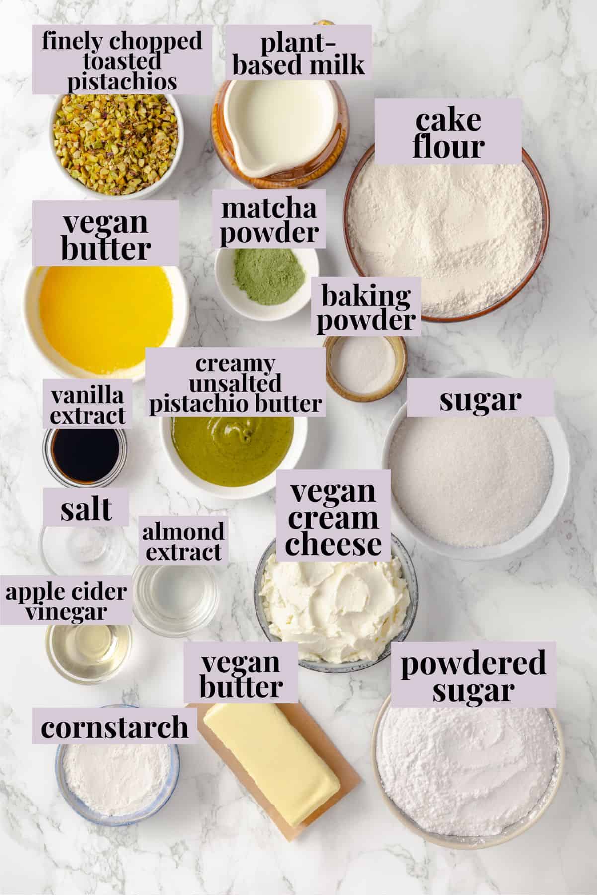 Overhead view of ingredients for pistachio cake with labels