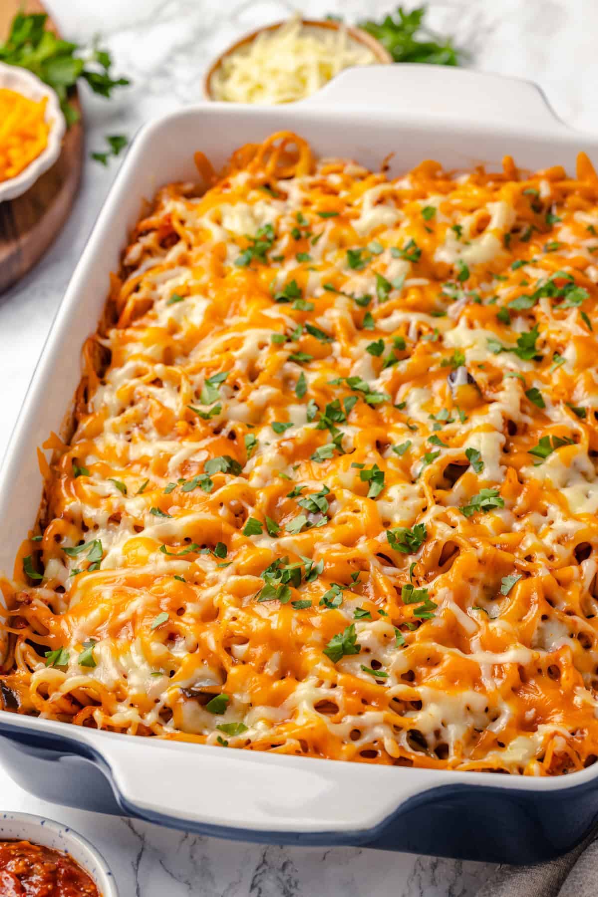 Casserole dish of vegan baked spaghetti
