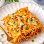 Plate of baked spaghetti with fork