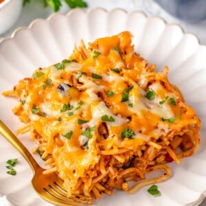 Plate of baked spaghetti with fork