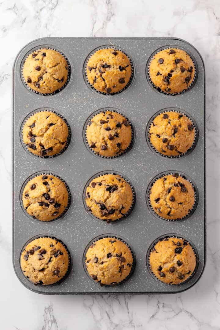 This moist and fluffy vegan chocolate chip muffin recipe is made with simple ingredients and easy enough that you can whip it up in minutes! Overhead view of vegan chocolate chip muffins in pan