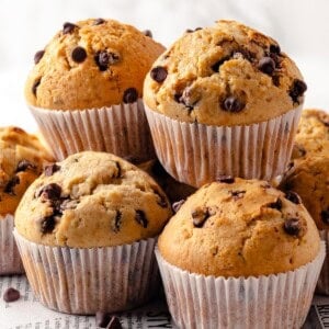 Stack of vegan chocolate chip muffins