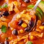 Spoonful of enchilada soup in bowl