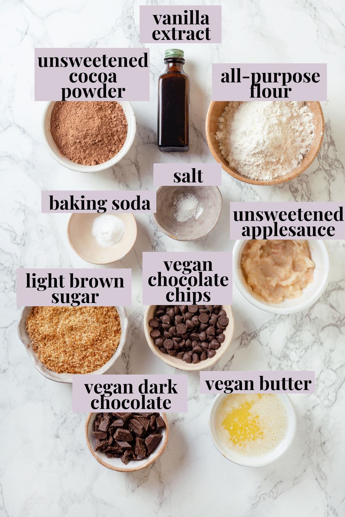 Overhead view of ingredients for double chocolate chunk cookies