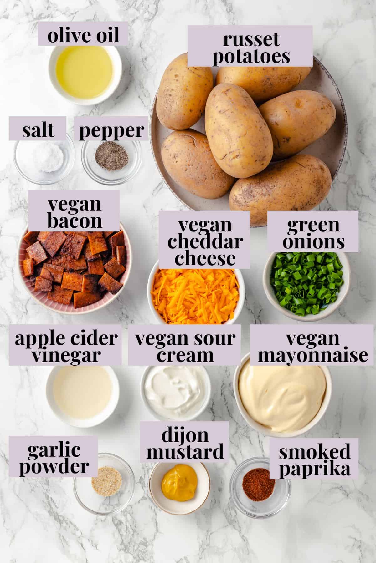 Overhead view of ingredients for loaded baked potato salad