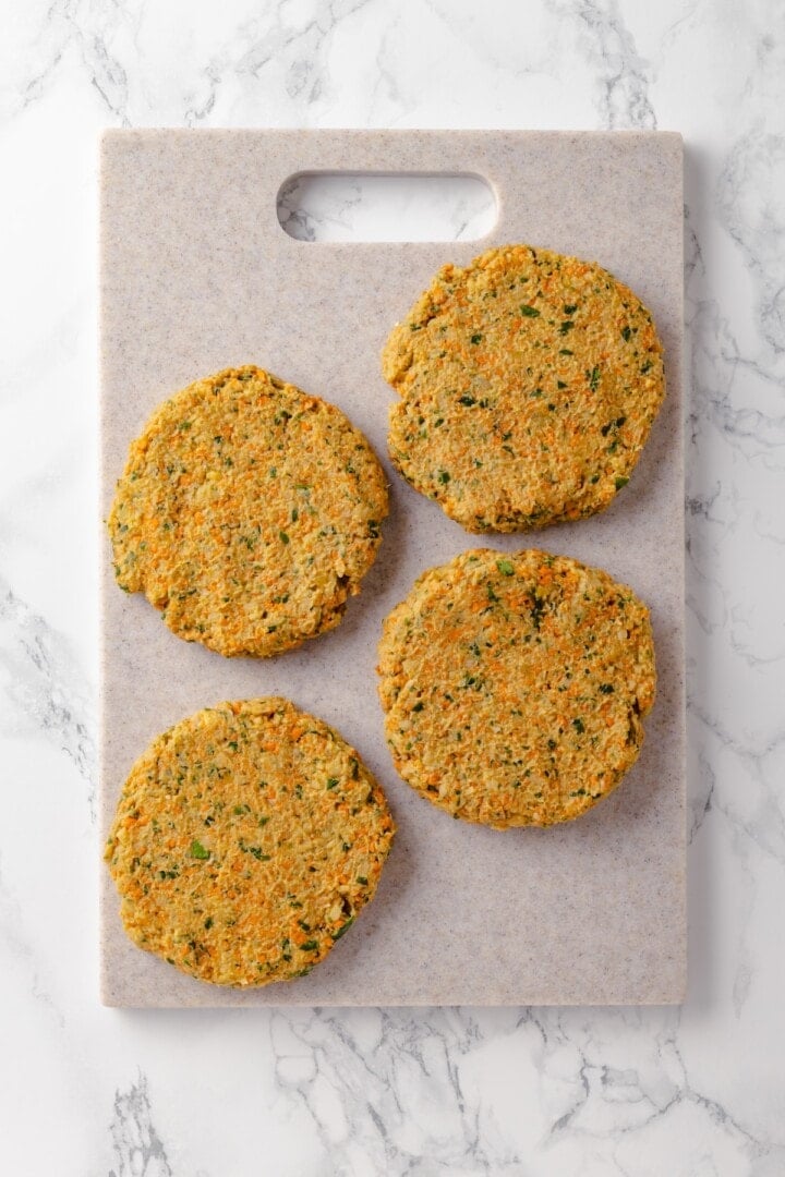 Overhead view of falafel burger patties after shaping