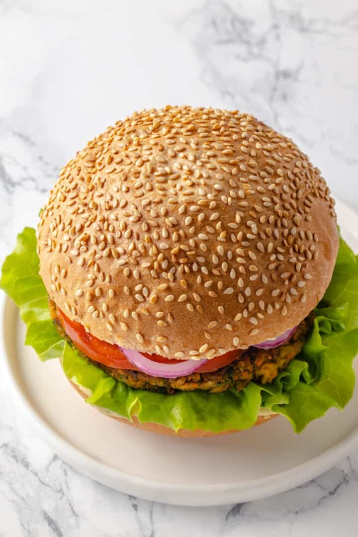 Top-down view of falafel burger