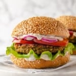 Vegan falafel burger on sesame seed bun