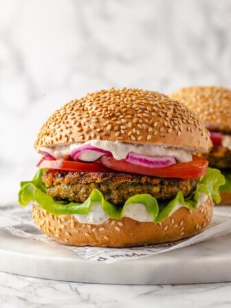 Vegan falafel burger on sesame seed bun