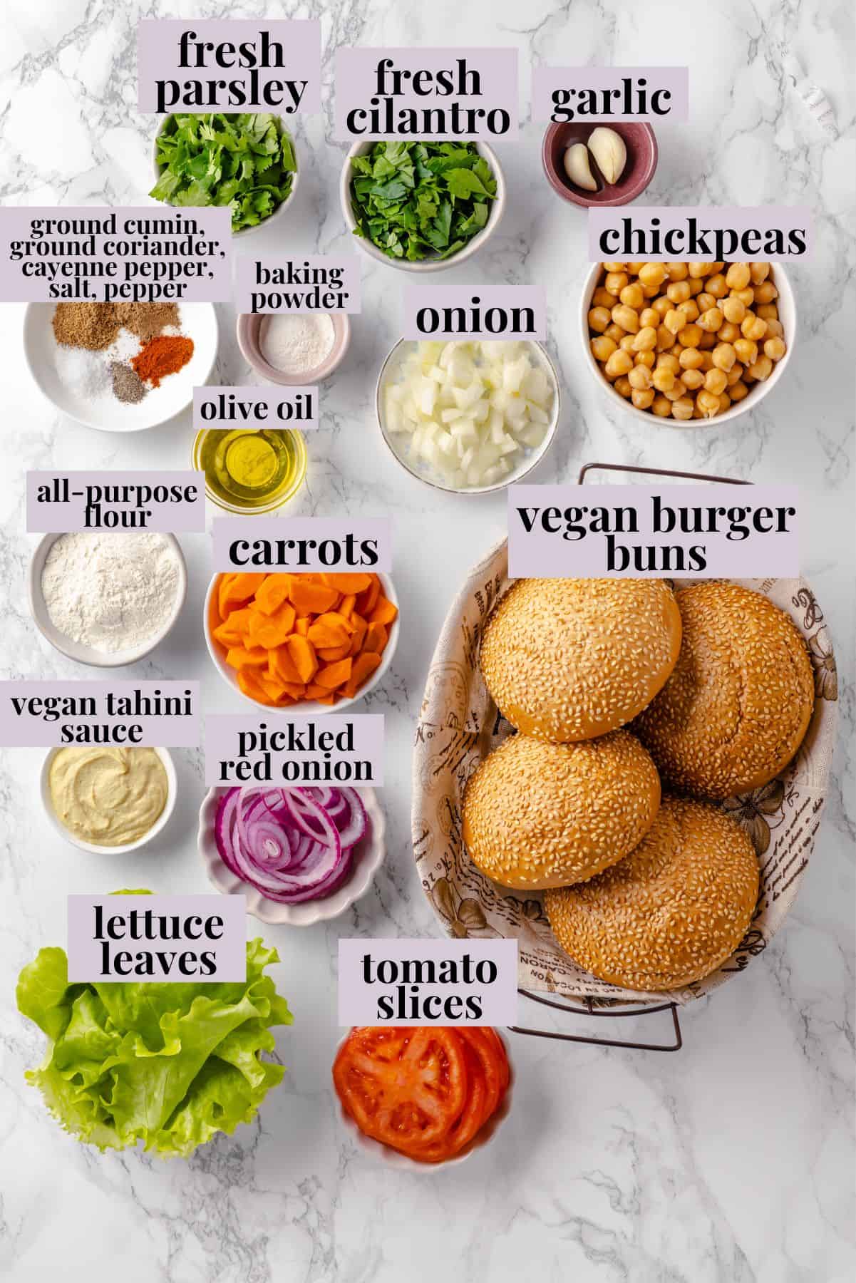 Overhead view of ingredients for falafel burger recipe