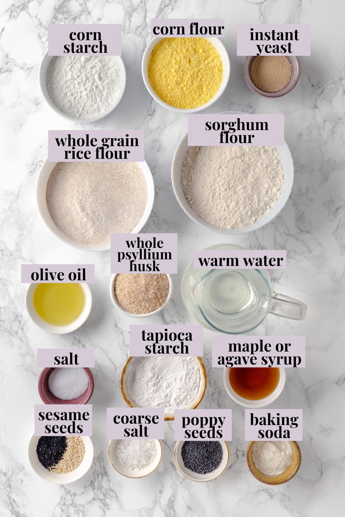 Overhead view of ingredients for gluten-free bagels