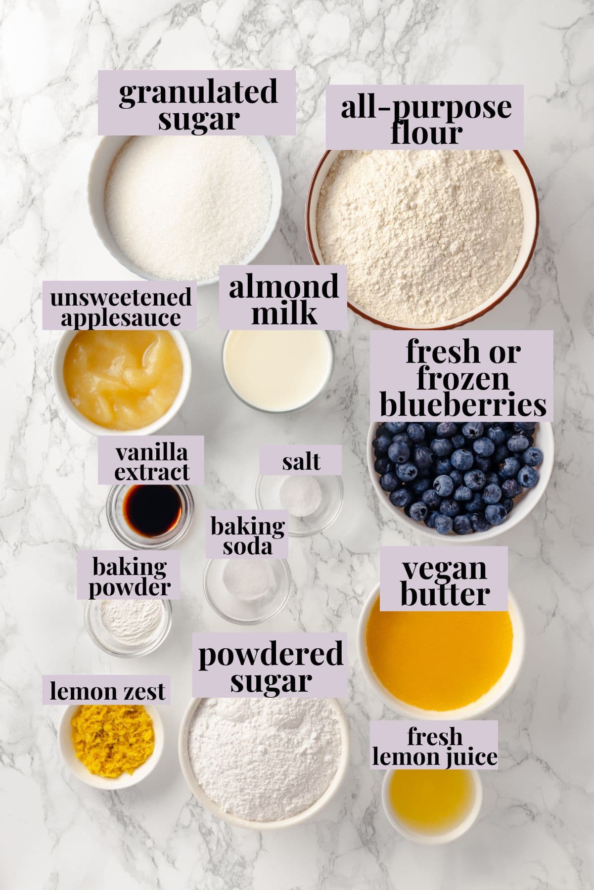 Overhead view of ingredients for lemon blueberry Bundt cake