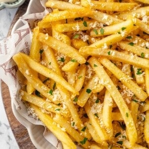 Overhead view of crispy vegan truffle fries in bowl