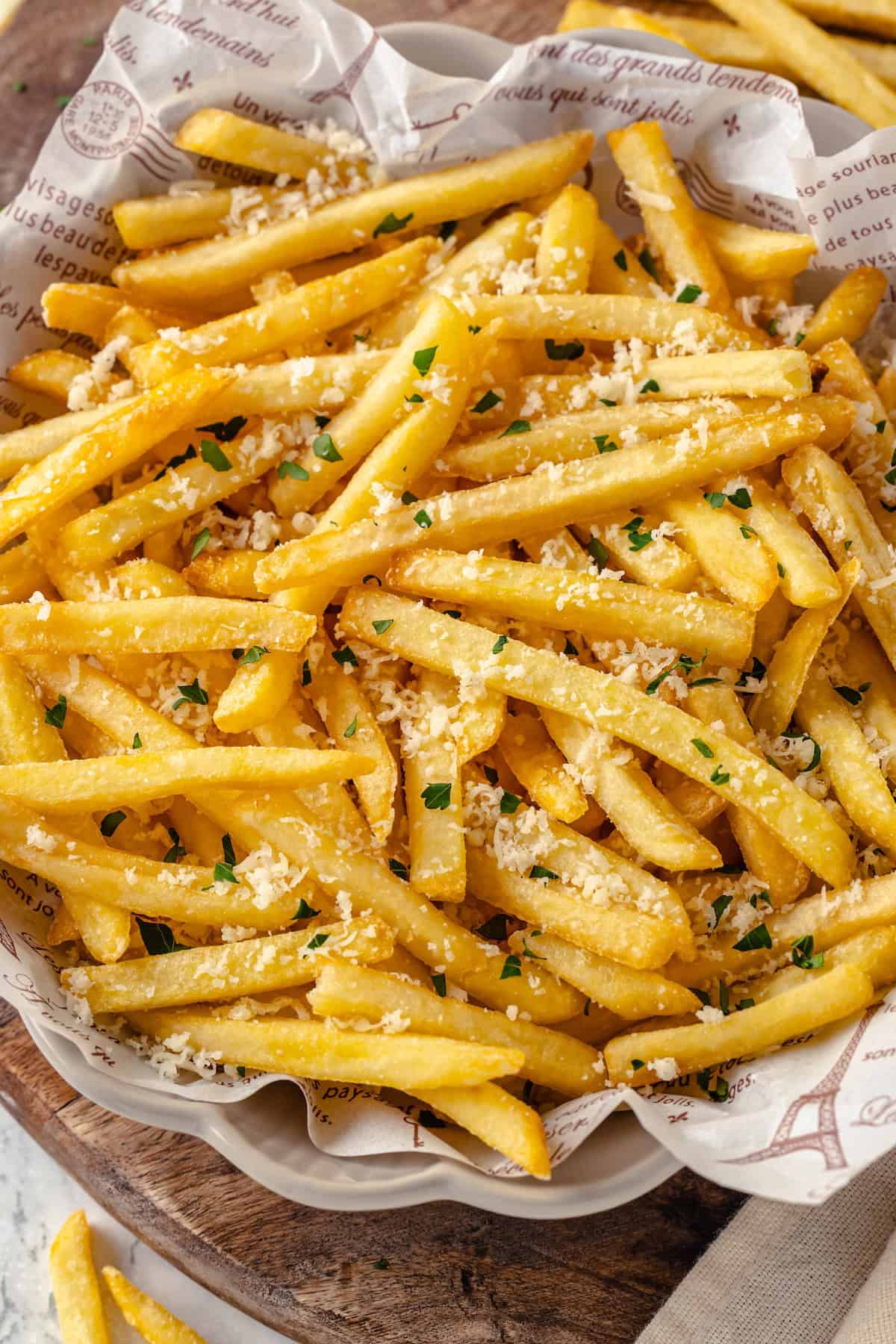 Overhead view of vegan truffle fries in bowl