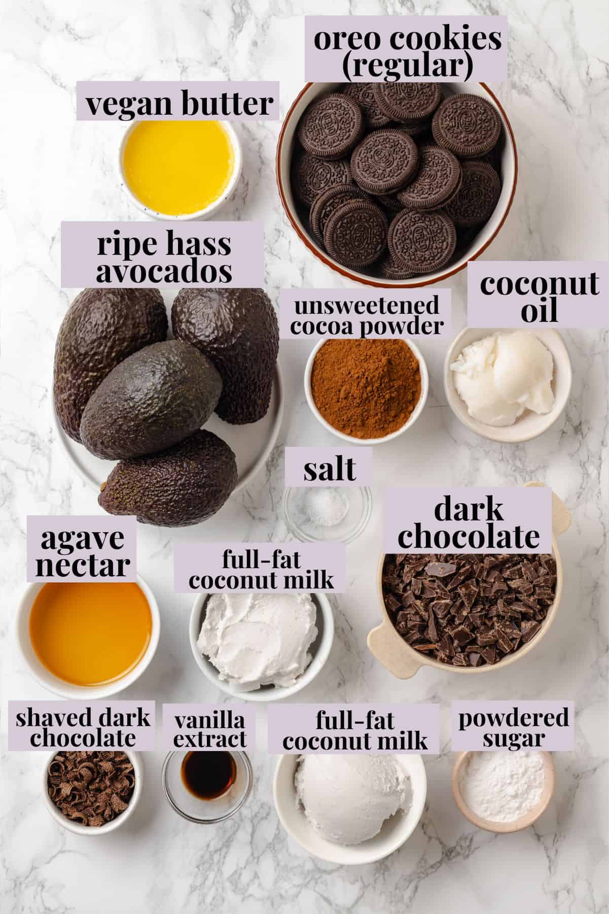 Overhead view of ingredients for chocolate mousse pie
