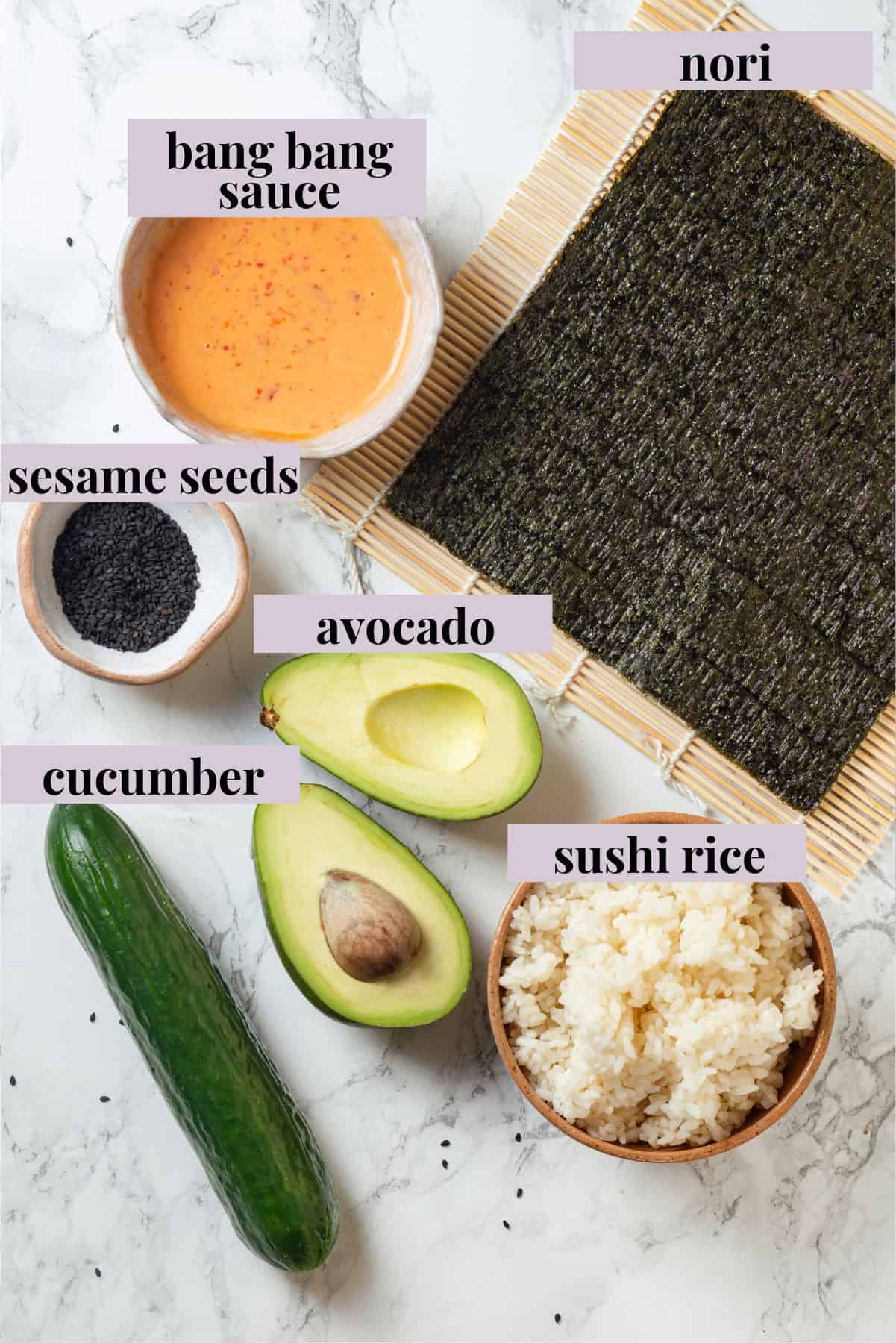 Overhead view of ingredients for avocado sushi with labels