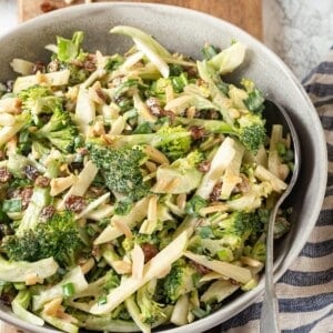 Vegan broccoli slaw in bowl with spoon