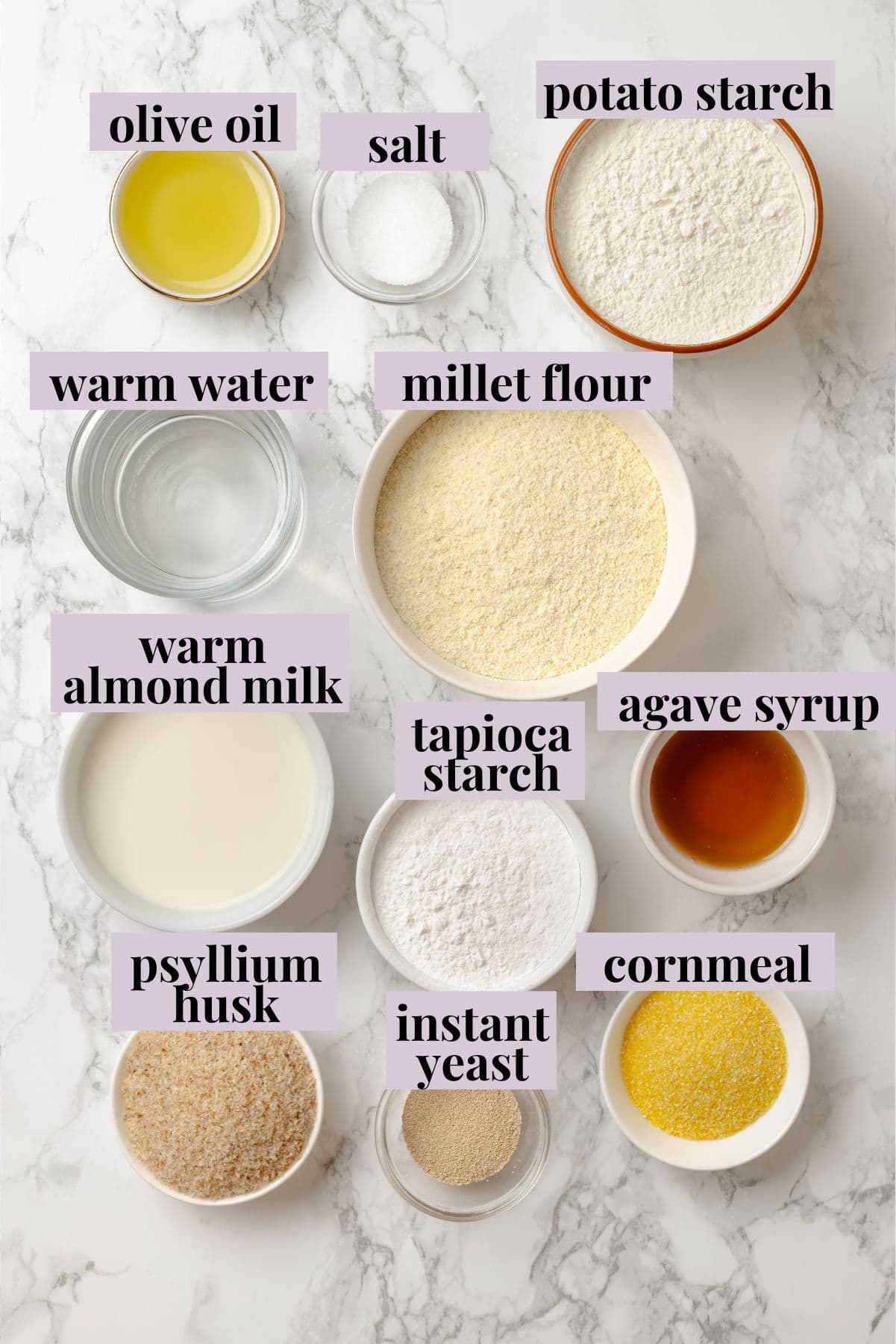 Overhead view of ingredients for gluten-free English muffins