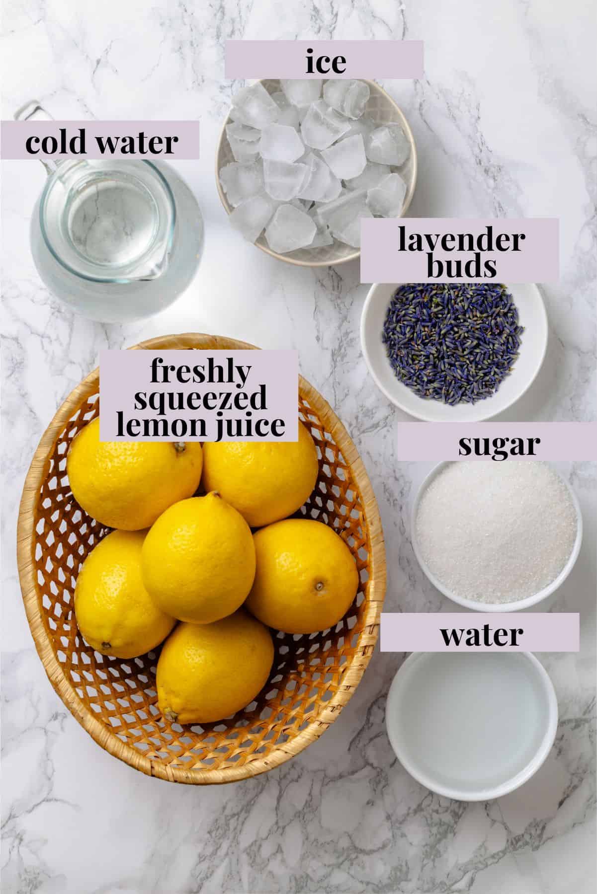 Overhead view of ingredients for lavender lemonade