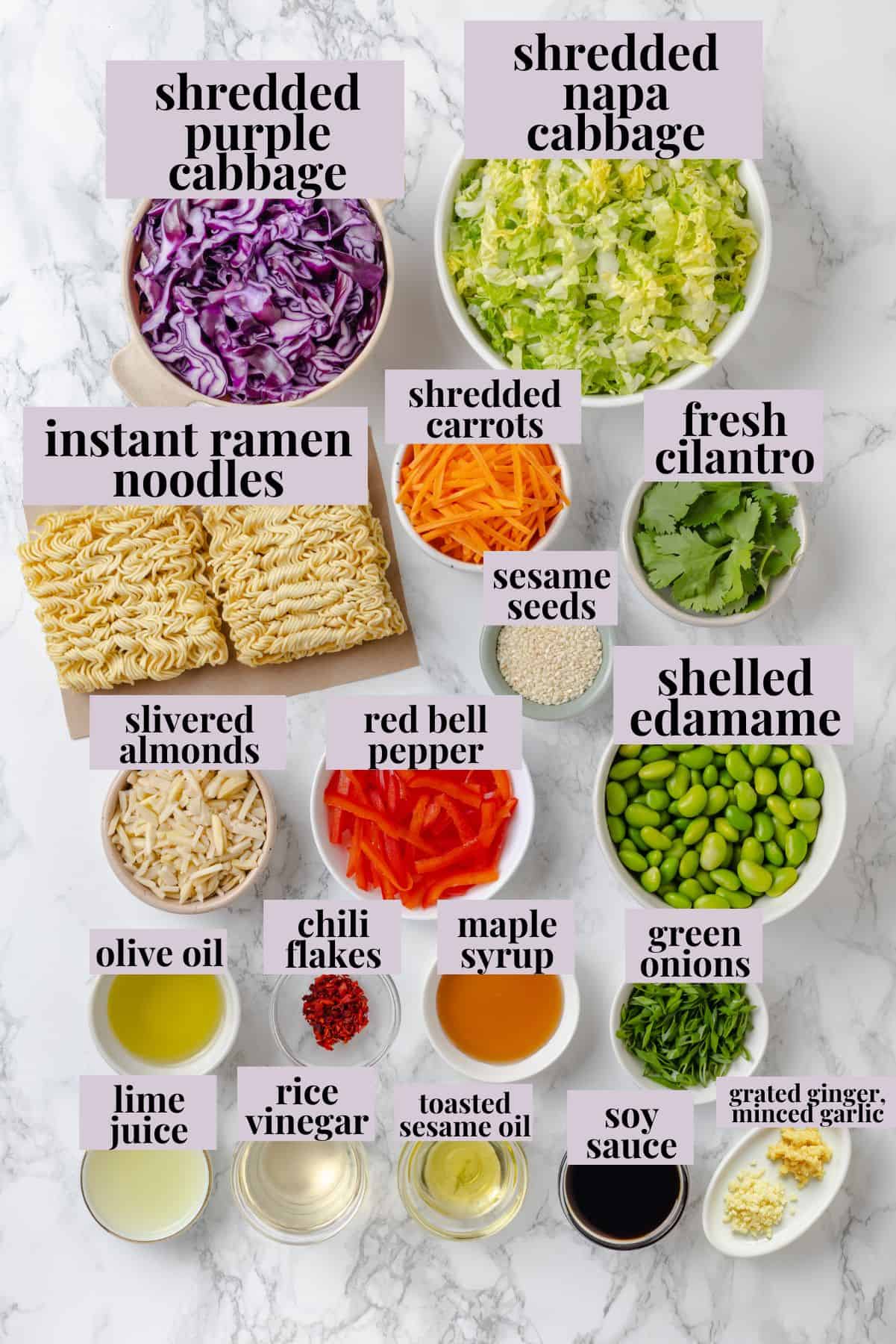 Overhead view of ingredients for ramen noodle salad recipe