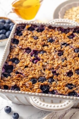Baked oatmeal with blueberries in baking dish