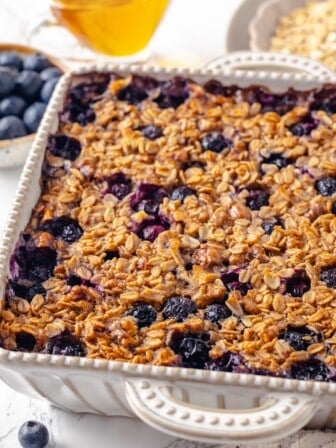 Baked oatmeal with blueberries in baking dish