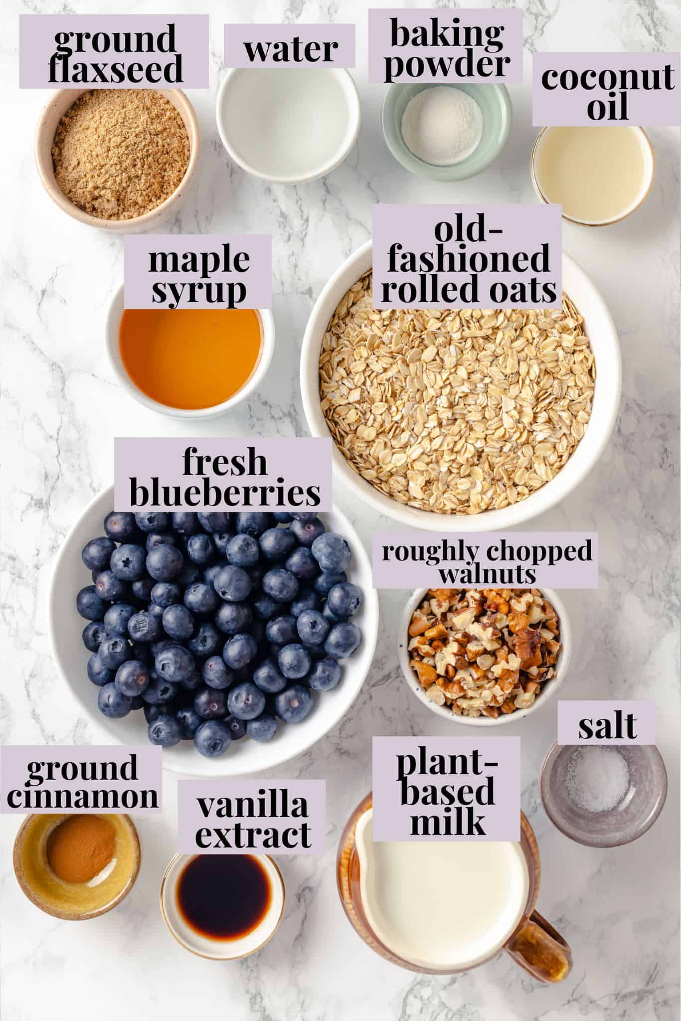 Overhead view of ingredients for baked oatmeal recipe with blueberries