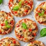Overhead view of vegan English muffin pizzas