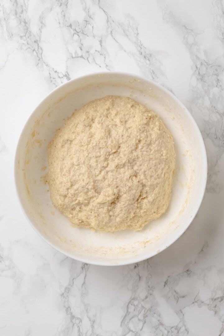 Overhead view of dough for gluten-free English muffins