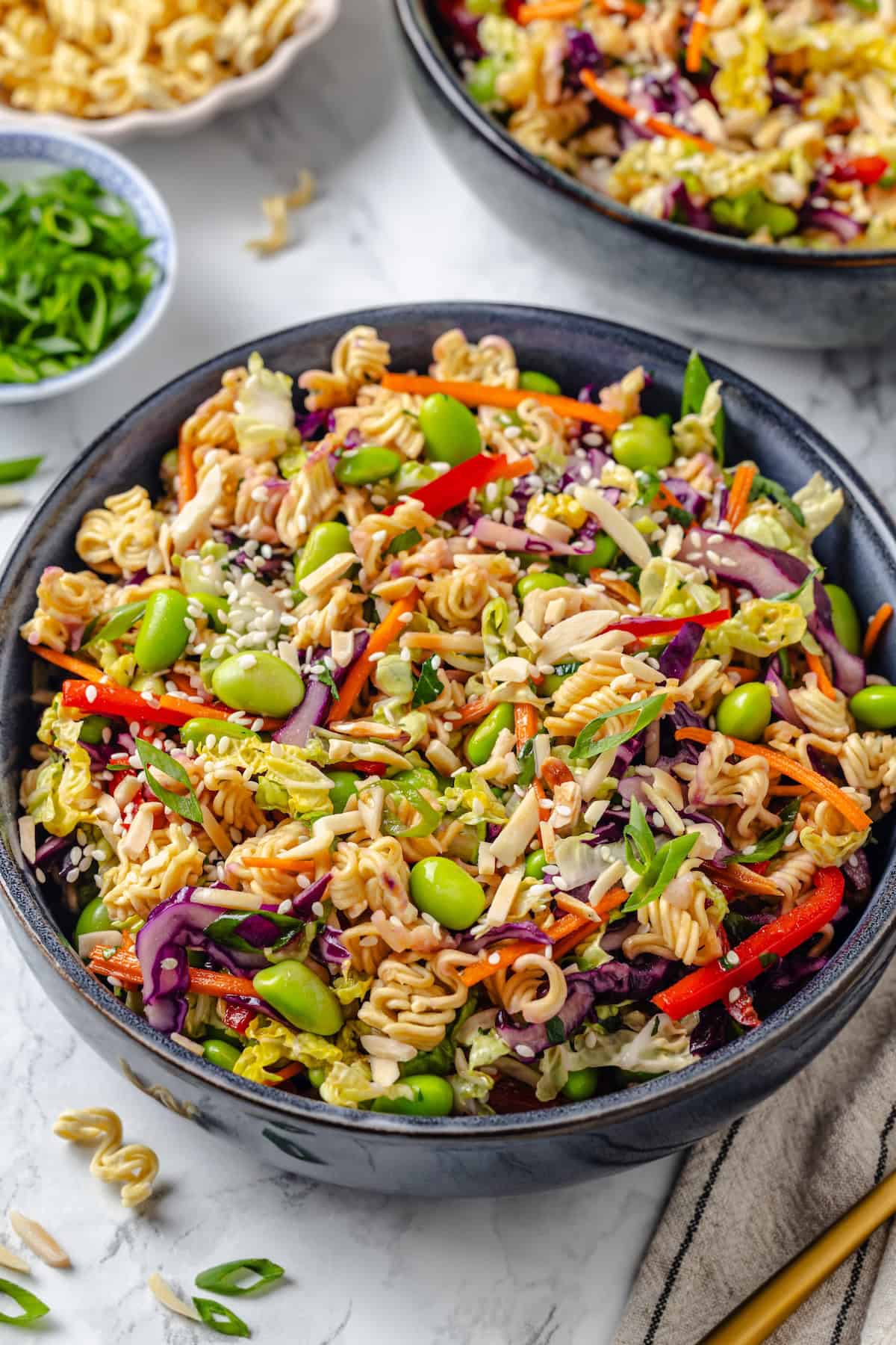 Overhead view of vegan ramen noodle salad in bowl