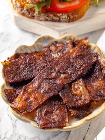 Crispy rice paper bacon in bowl