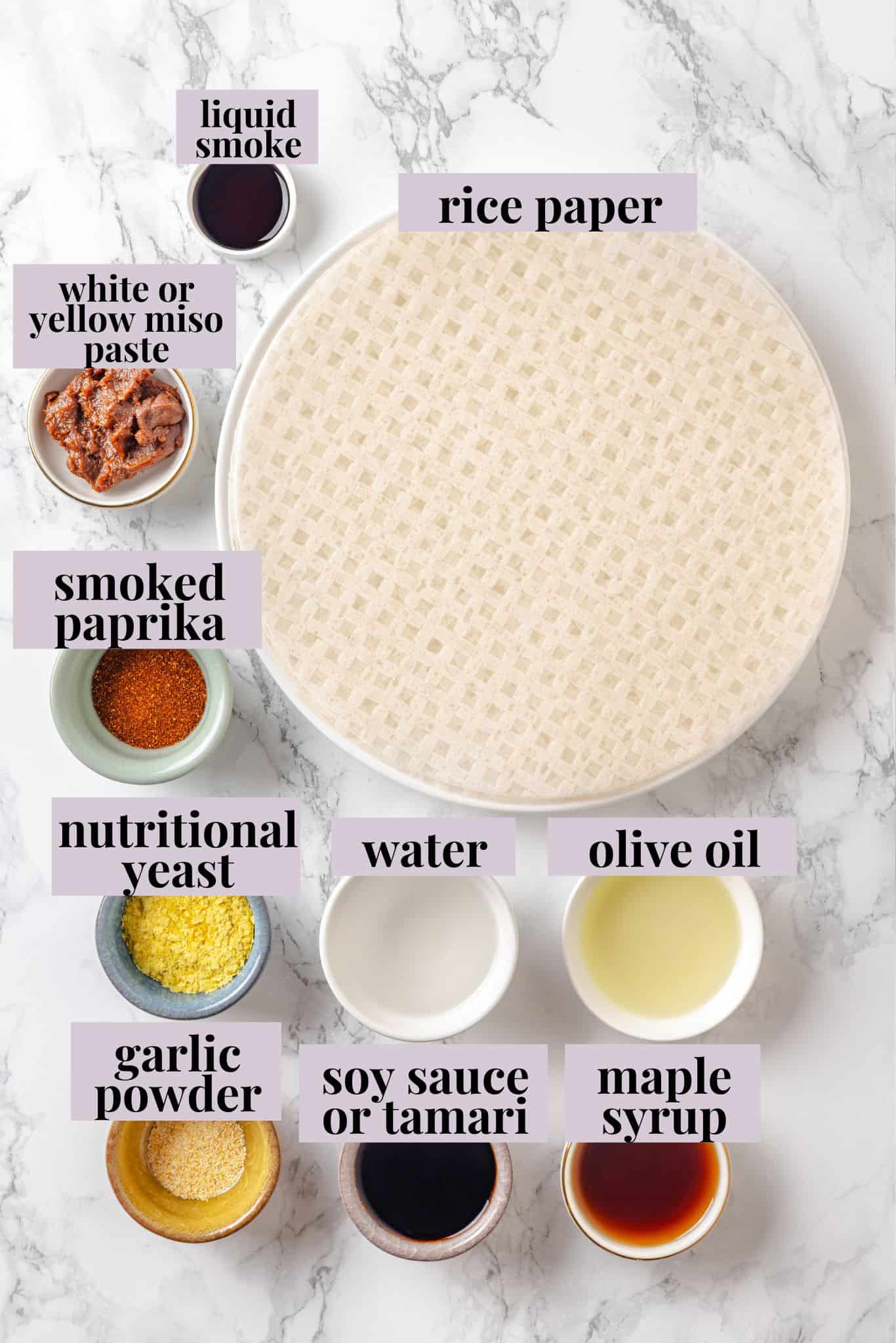 Rice paper is the secret for ultra crispy vegan bacon! This recipe is smoky, sweet, and savoury, and it's incredibly easy to make too. Overhead view of ingredients for crispy vegan bacon with rice paper