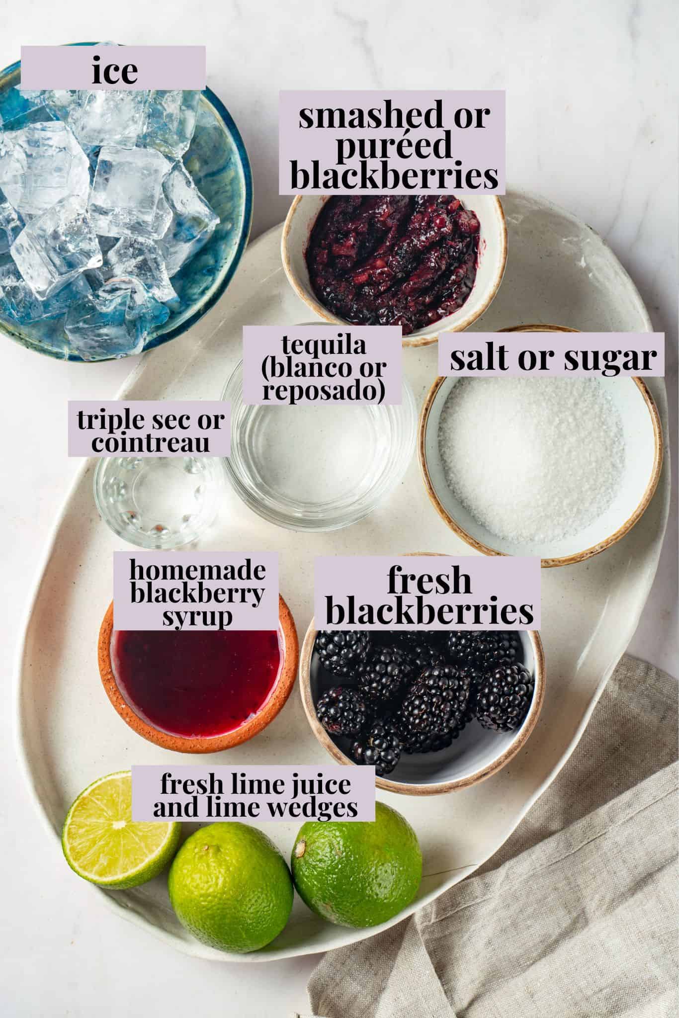 Overhead view of ingredients for blackberry margaritas