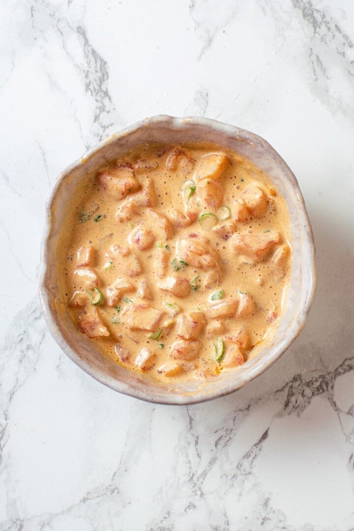 Overhead view of spicy vegan tuna mixture in bowl