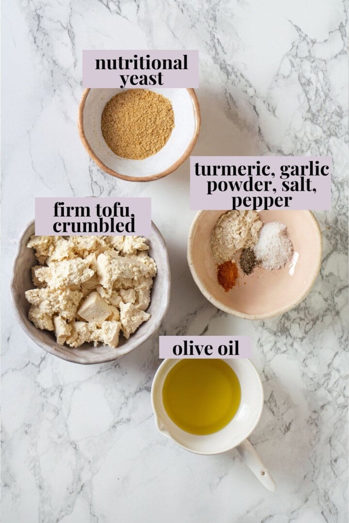 Overhead view of ingredients for tofu scramble