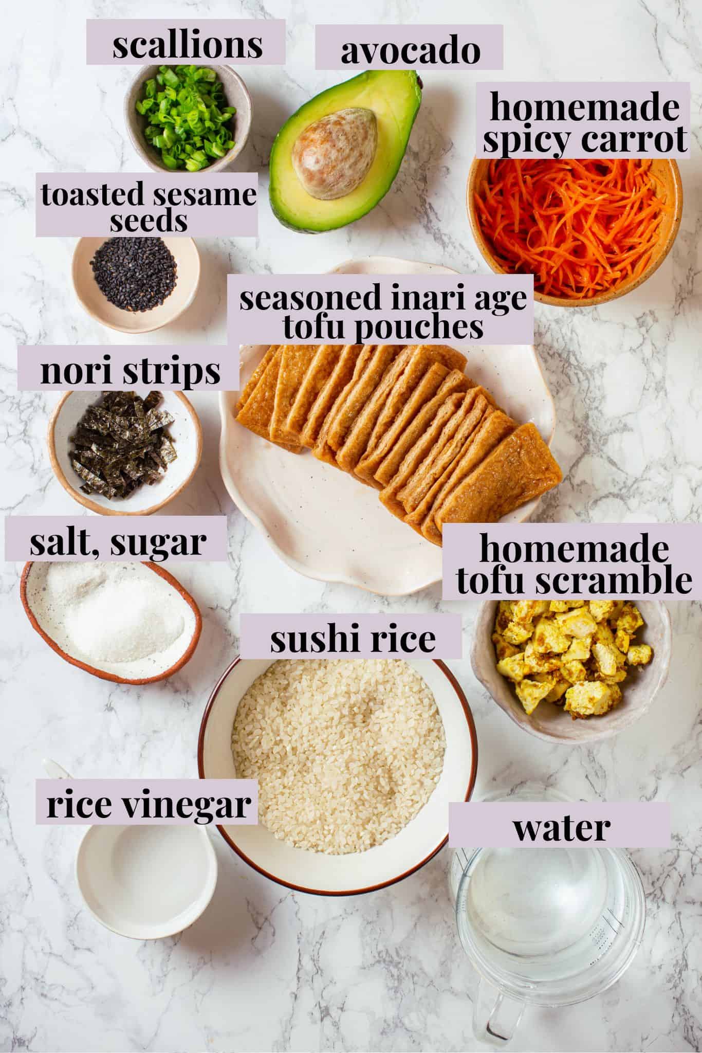 Overhead view of ingredients for inari sushi