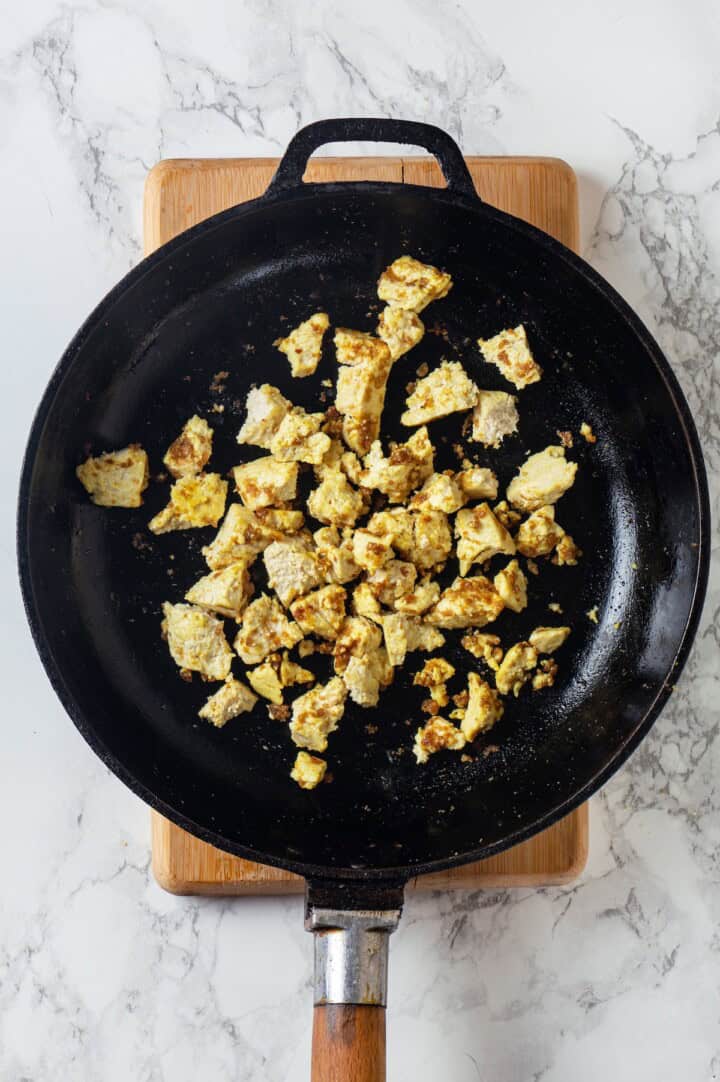 Overhead view of tofu scramble in skillet