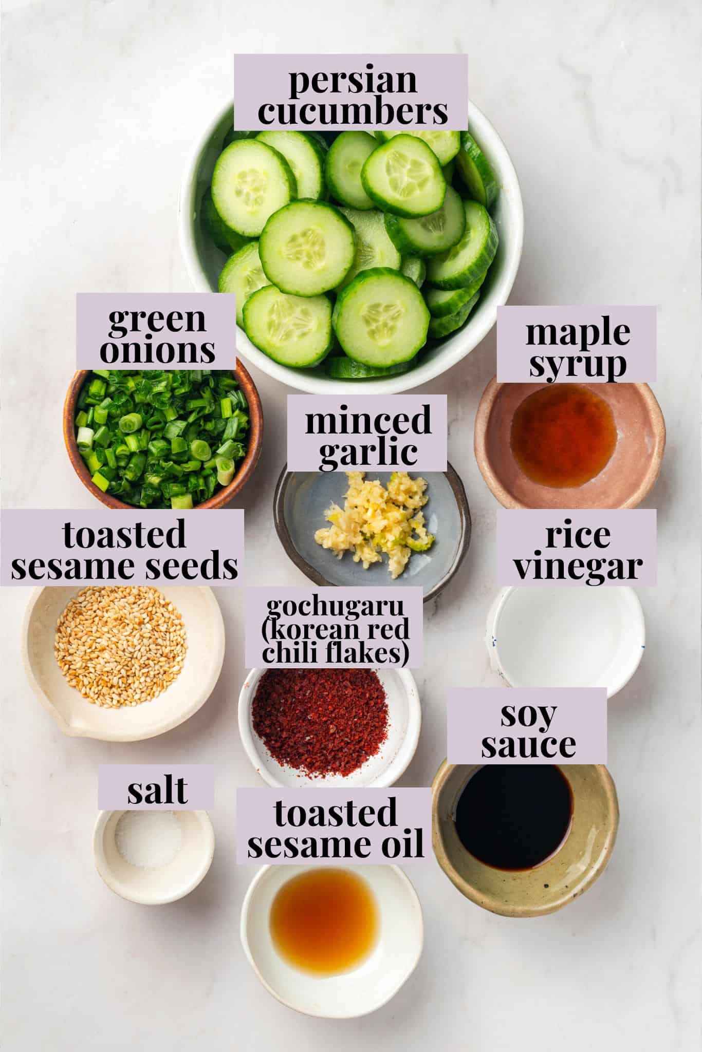 Overhead view of ingredients for Korean cucumber salad with labels