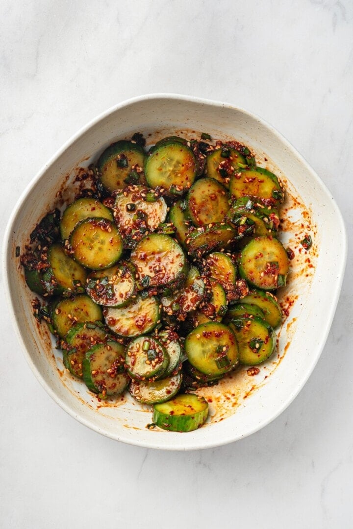 Overhead view of Korean cucumber salad in bowl