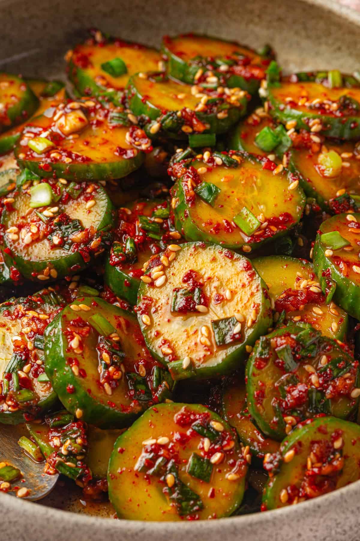 Closeup of Korean cucumber salad in bowl